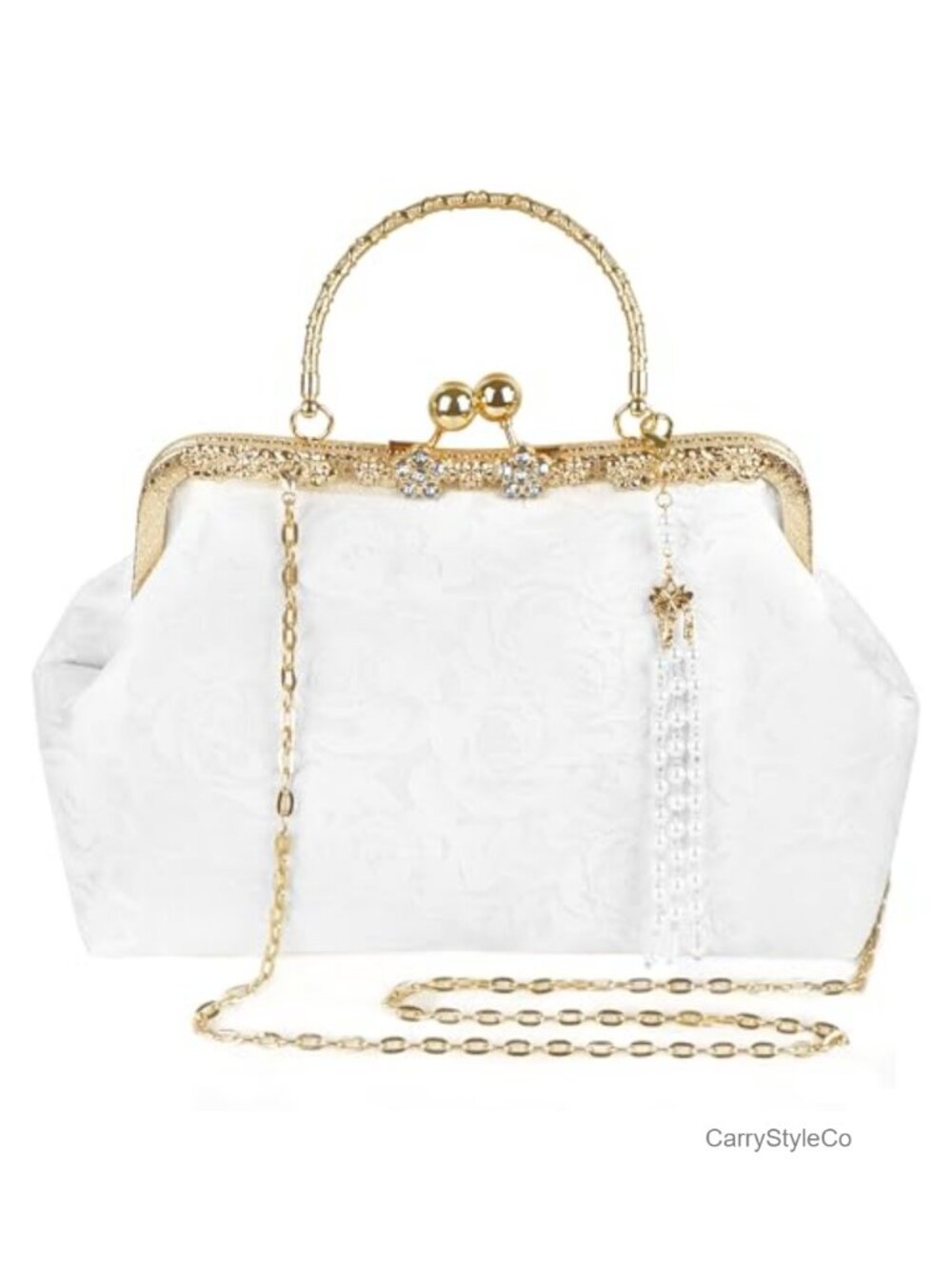 Satin Jacquard Evening Clutch Kiss Lock Purse Pearl Tassel Formal Bag